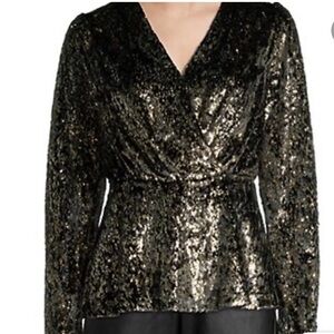 Elie Tahari Metallic Black Wrap Front  Blouse Sz 2